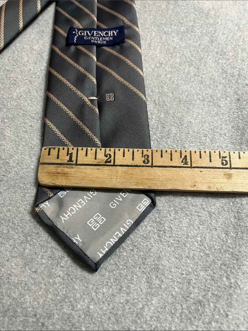 Vtg Givenchy Gray Tie with bronze woven Diagonal Stripes.